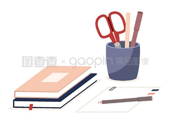 筆架、書籍、紙制辦公設備。剪刀、垂直塑料箱中的鉛筆。辦公和家庭用品文具和教育。矢量插圖平鋪式白色背景。筆架、書籍、紙制辦公設備。剪刀、鋼筆或鉛筆在白色垂直塑料箱中