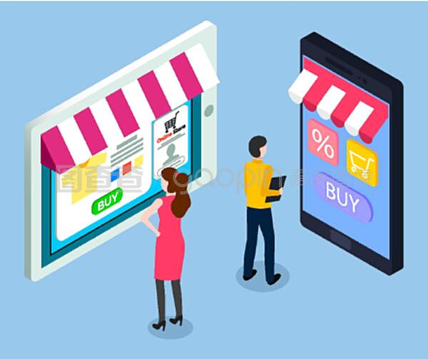 在線商店概念。銷售平板電腦和帶遮陽篷的智能手機。移動營銷和在線購物。男女客戶在虛擬商店屏幕上的電子產品應用中選擇產品。在線商店概念。銷售平板電腦和帶遮陽篷的智能手機。移動營銷和在線購物